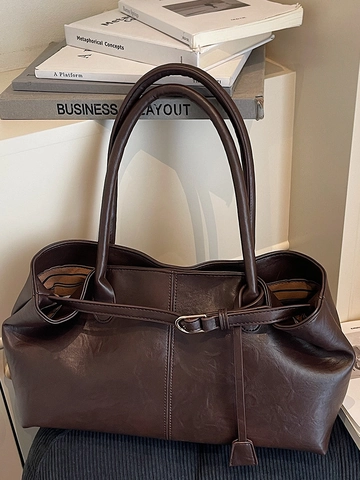 Vintage PU Leather Tote Bag Large Capacity Shoulder Bag Simple Office Commute Underarm Handbag For Women Fashion Solid Color