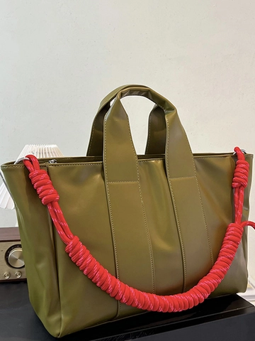 Women Large Capacity PU Leather Tote Bag With Red Braided Rope Strap Urban Minimalist Contrast Color Laptop Shoulder Bag