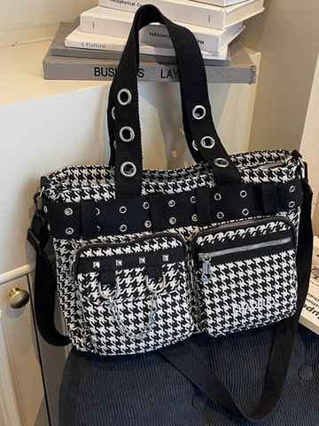 Borsa a Tracolla in Tessuto Vintage Pied de Poule da Donna Borchie Punk Catena in Metallo Borsa Shopping Grande Capacità Trendy