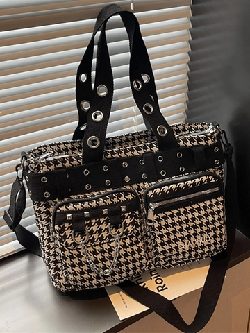 Borsa a Tracolla in Tessuto Vintage Pied de Poule da Donna Borchie Punk Catena in Metallo Borsa Shopping Grande Capacità Trendy