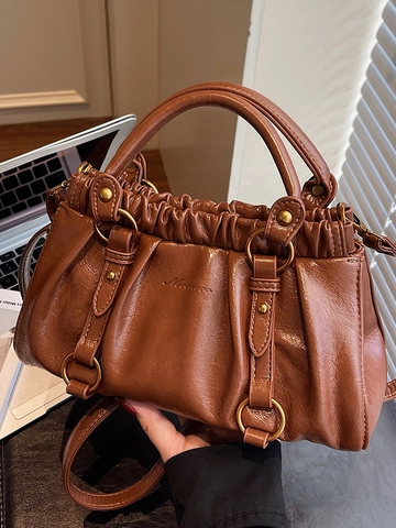 Damen Französischer Vintage Plissee Baguette Tasche Glänzendes PU Leder Unterarm Schultertasche Mit Goldener Ringe Magnetverschluss