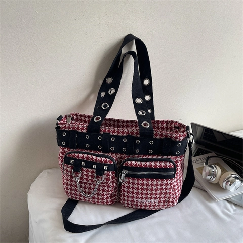Borsa a Spalla Donna Punk in Tela a Pied De Poule Grande Capacità Tote Bag Con Catena in Metallo Borchie Occhielli