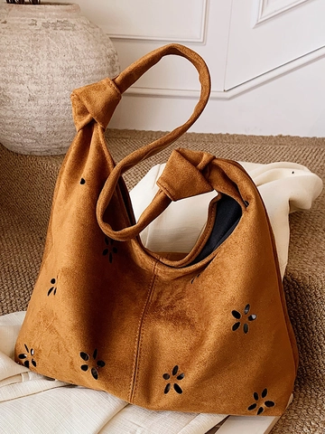 Women Faux Suede Shoulder Bag Vintage Laser Cut Floral Hollow Out Large Capacity Tote Bag With Knot Strap Casual Retro Handbag