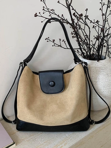 Vintage Matte Khaki En Zwart Contrastkleur Grote Capaciteit Schoudertas Minimalistische PU Leren Tote Tas Voor Vrouwen Woon-werkverkeer Dagelijks