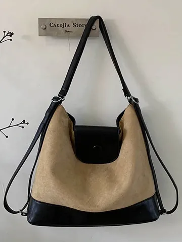 Vintage Matte Khaki En Zwart Contrastkleur Grote Capaciteit Schoudertas Minimalistische PU Leren Tote Tas Voor Vrouwen Woon-werkverkeer Dagelijks