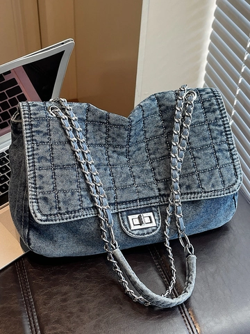 Borsa a Tracolla in Denim Trapuntato da Donna Grande Capacità Borsa Tote in Denim Lavato Con Chiusura in Metallo Per Pendolarismo