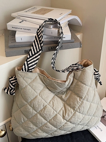 Large Capacity Women Quilted Tote Bag Urban Minimalist Polyester Shoulder Bag With Striped Strap Fashion Puffy Hobo Bag
