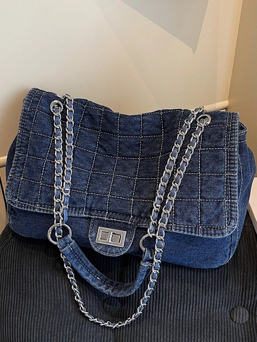 Borsa a Tracolla in Denim Trapuntato da Donna Grande Capacità Borsa Tote in Denim Lavato Con Chiusura in Metallo Per Pendolarismo