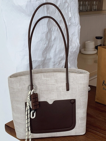 Vintage Women Large Capacity PU Leather Tote Bag Woven Texture Patchwork Shoulder Bag Casual Daily Commute Handbag With Charm