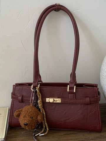 Minimalistische Retro Unterarm Schultertasche Für Damen PU Leder Mode Nähte Handtasche Mit Plüsch Bären Anhänger Tasche