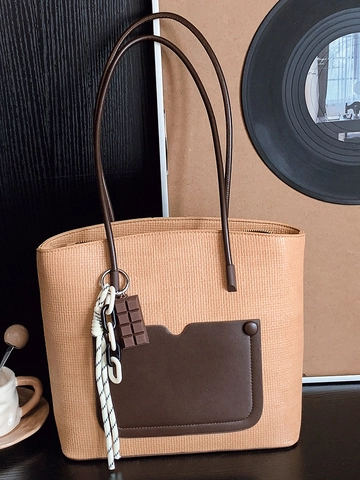 Vintage Women Large Capacity PU Leather Tote Bag Woven Texture Patchwork Shoulder Bag Casual Daily Commute Handbag With Charm