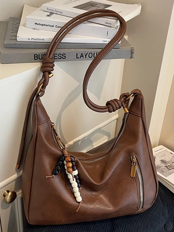 Bolso de Hombro Retro de Cuero PU para Mujer Gran Capacidad Color Sólido Bolso Hobo con Colgante de Cuentas Bolso Tote Casual