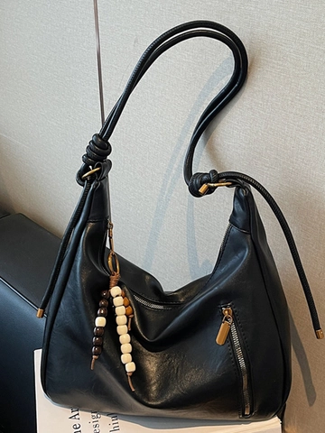 Bolso de Hombro Retro de Cuero PU para Mujer Gran Capacidad Color Sólido Bolso Hobo con Colgante de Cuentas Bolso Tote Casual