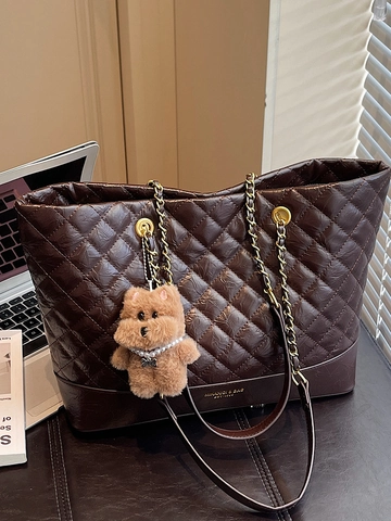 Bolso Tote de Mujer de Gran Capacidad de Cuero PU Acolchado de Diamantes Bolso de Hombro Con Cadena Y Colgante