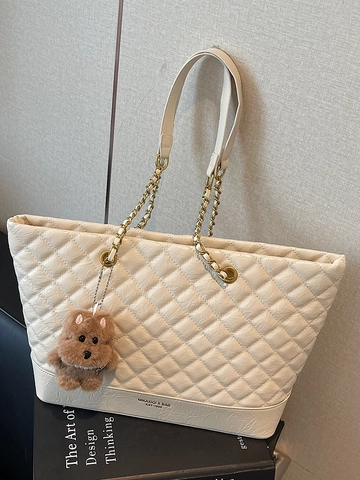 Bolso Tote de Mujer de Gran Capacidad de Cuero PU Acolchado de Diamantes Bolso de Hombro Con Cadena Y Colgante