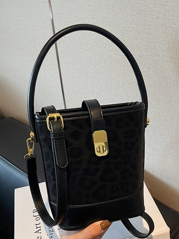 Borsa a Secchiello Leopardata da Donna in Pelle PU Borsa a Tracolla Con Chiusura in Metallo Borsa a Mano Casual per Pendolari