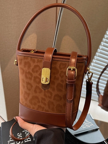 Borsa a Secchiello Leopardata da Donna in Pelle PU Borsa a Tracolla Con Chiusura in Metallo Borsa a Mano Casual per Pendolari