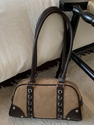 Vintage Suede Patchwork Boston Bag For Women Retro Casual Bowling Shoulder Bag Fashion Leopard Print Handbag With Baseball Charm
