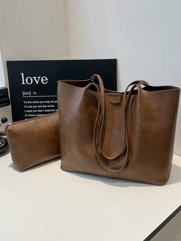 Damen Retro PU Leder Tragetasche Set Große Kapazität Unterarm Schultertasche Mit Kleiner Tasche Pendler Handtasche Urban Minimalist Tasche