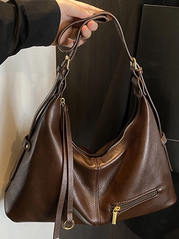 Große Kapazität Damen PU Leder Hobo Tasche Minimalist Lychee Muster Schultertasche Urban Pendeln Chic Unterarm Tote Bag