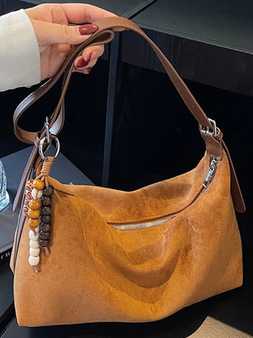 Minimalist Suede Shoulder Bag For Women Retro Hobo Underarm Bag With Bead Pendant Fashion Casual Daily Tote Bag Versatile Pillow Bag