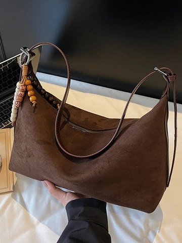 Minimalist Suede Shoulder Bag For Women Retro Hobo Underarm Bag With Bead Pendant Fashion Casual Daily Tote Bag Versatile Pillow Bag
