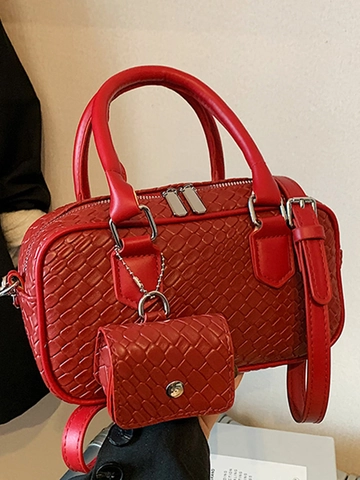 Sac Boston en Cuir PU à Texture Tissée à la Mode pour Femme Sac à Bandoulière Minimaliste Urbain avec Mini Porte-Monnaie