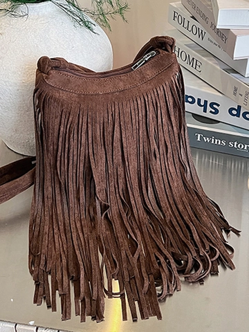 Women's Vintage Suede Fringe Shoulder Bag Boho Tassel Crossbody Bag Fashion Solid Color Small Square Bag For Daily Use
