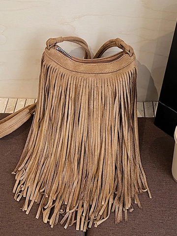 Women's Vintage Suede Fringe Shoulder Bag Boho Tassel Crossbody Bag Fashion Solid Color Small Square Bag For Daily Use