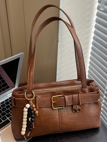 Vintage PU Leather Underarm Bag For Women Retro Belt Buckle Shoulder Bag With Bead Pendant Daily Commuter Handbag Solid Color