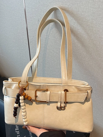 Vintage PU Leather Underarm Bag For Women Retro Belt Buckle Shoulder Bag With Bead Pendant Daily Commuter Handbag Solid Color