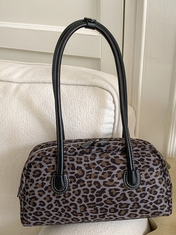 Borsa a Tracolla da Donna in Camoscio con Stampa Leopardata Vintage Cuciture a Contrasto Manici in Pelle Borsa Boston alla Moda