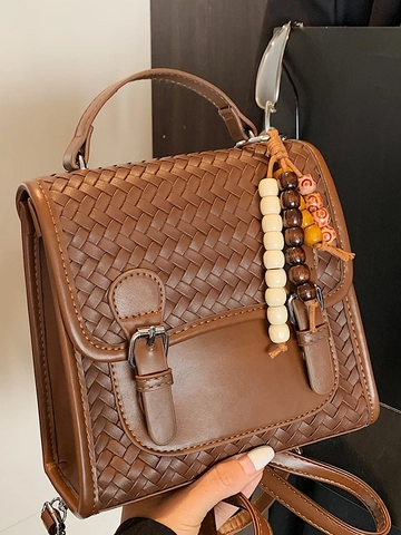 Damen Geflochtenes PU-Leder Mode Rucksack Retro Student Schultasche Mit Perlenanhänger Koreanischen Stil Street Trendy Alltag Rucksack