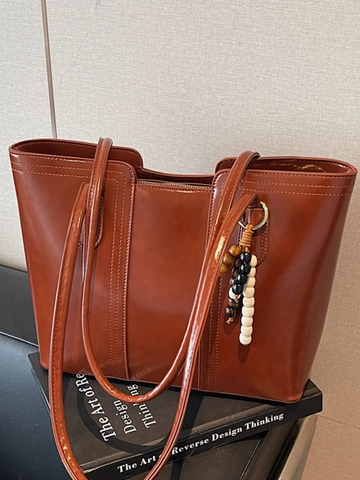 Bolso de Mano de Cuero PU de Gran Capacidad para Mujer Con Adorno de Cuentas de Madera Bolso de Hombro Vintage Color Sólido