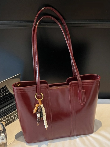 Bolso de Mano de Cuero PU de Gran Capacidad para Mujer Con Adorno de Cuentas de Madera Bolso de Hombro Vintage Color Sólido