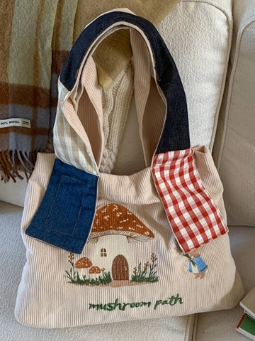 Borsa Tote da Donna in Corduroy e Denim Patchwork Ricamata Fungo Coniglio Stile Mori Grande Capacità Borsa a Spalla