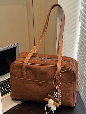 Women Retro Suede Shoulder Bag Large Capacity Minimalist Underarm Bag With Plush Charm Commuting Tote Bag Suede Handbag for Office