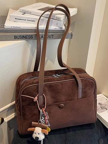 Women Retro Suede Shoulder Bag Large Capacity Minimalist Underarm Bag With Plush Charm Commuting Tote Bag Suede Handbag for Office