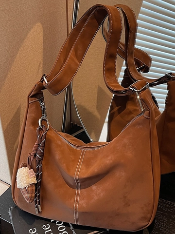 Damen Vintage PU Leder Große Kapazität Tote Bag Kontrastnähte Hobo Umhängetasche Plüsch Eichel Anhänger Lässige Handtasche