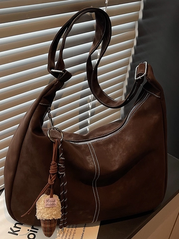 Damen Vintage PU Leder Große Kapazität Tote Bag Kontrastnähte Hobo Umhängetasche Plüsch Eichel Anhänger Lässige Handtasche