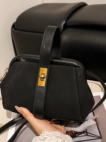Sac Coquille en Suède Patchwork Vintage pour Femmes Sac à Main Mode Sac de Docteur Verrou en Métal Or Bandoulière