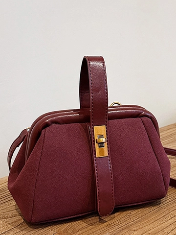 Vintage Suede Patchwork Shell Bag For Women Fashion Handheld Doctor Bag Gold Metal Lock Shoulder Crossbody Bag Daily Purse