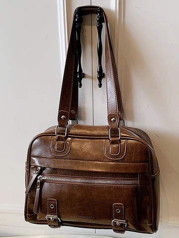 Damen Retro PU Leder Große Kapazität Tote Bag Urban Minimalistisch Schultertasche Mit Nähten Reißverschluss Handtasche