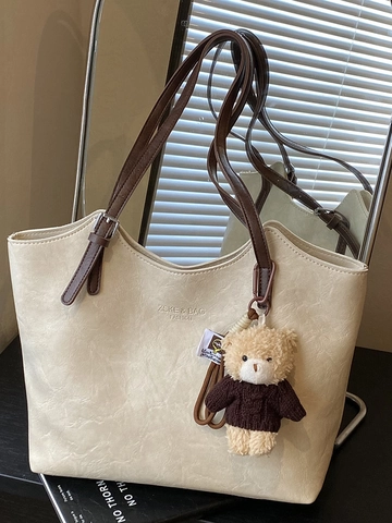 Vintage Large Capacity PU Leather Tote Bag For Women Autumn Stitching Shoulder Bag With Cute Bear Charm Commuter Handbag