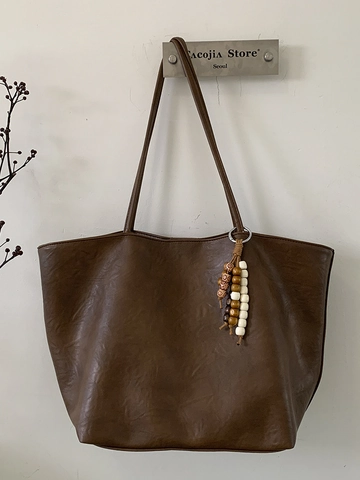 Damen Große Kapazität Wildleder Einkaufstasche Minimalistisch Retro Schultertasche Mit Perlenanhänger Vintage Alltag Handtasche
