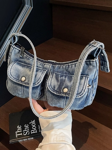 Vintage Denim Unterarm Schultertasche Für Damen Retro Gewaschener Denim Multi Taschen Verstellbarer Riemen Mode Y2K Pendler Handtasche