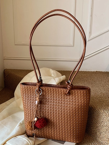 Vintage Gewebte PU Leder Tragetasche Für Damen Große Kapazität Minimalistische Schultertasche Mit Abnehmbarem Anhänger Handtasche
