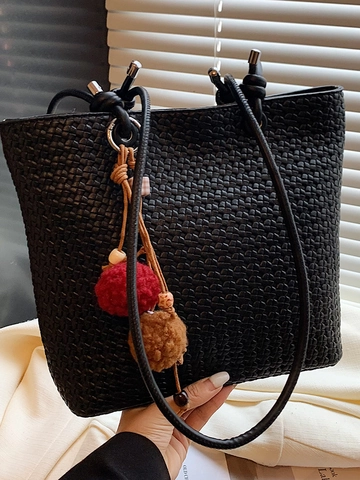 Vintage Gewebte PU Leder Tragetasche Für Damen Große Kapazität Minimalistische Schultertasche Mit Abnehmbarem Anhänger Handtasche