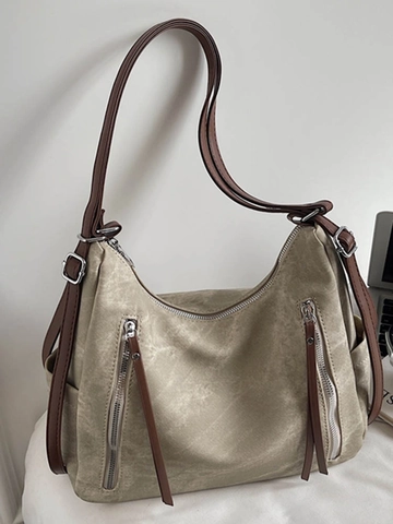 Borsa a Spalla Vintage in PU Donna Grande Capacità Multi Cerniera Tote Bag Con Nappina in Perle di Legno Casual Ufficio