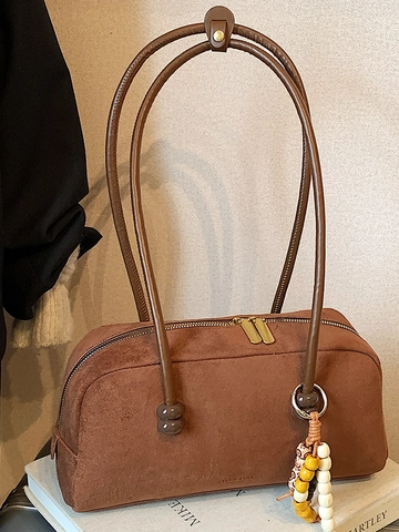 Vintage Wildleder Bowling Tasche Damen Mode Commuter Umhängetasche Mit Perlenanhänger Urban Minimalistisch Kissen Tasche